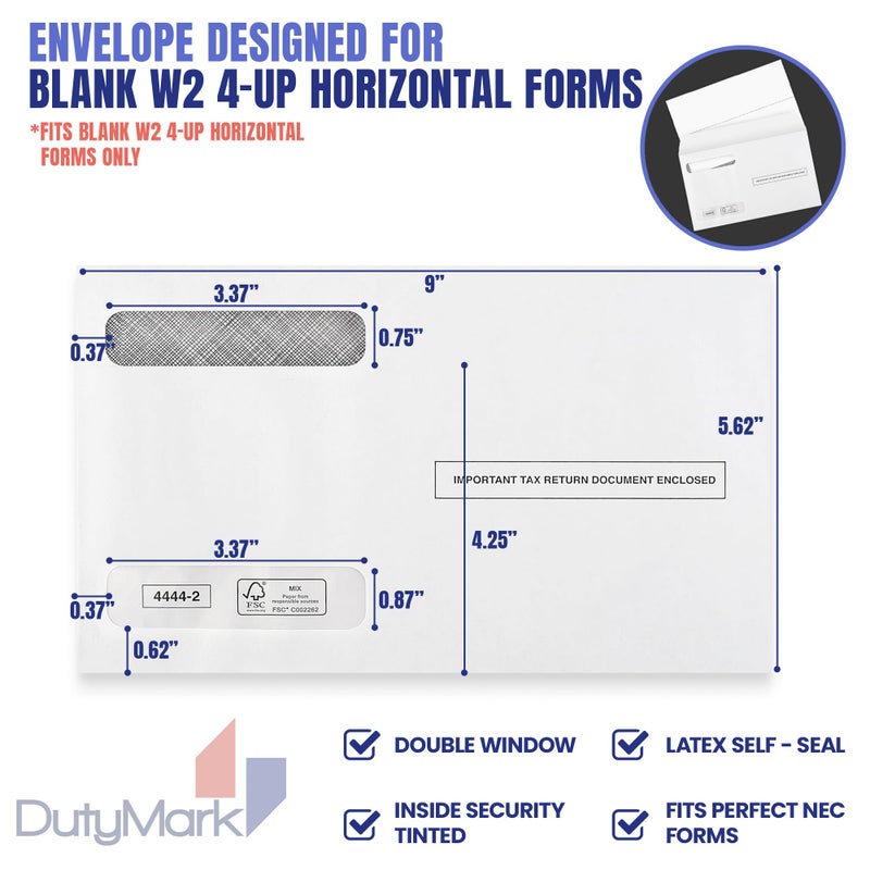 Dutymark Blank W2 4-Up Horizontal Tax Forms 2025, 25 Employee Set, Designed for QuickBooks Online and Accounting Software, with Back Instructions, 25 Self Seal Envelopes Included, 4 Down Forms - Image 5
